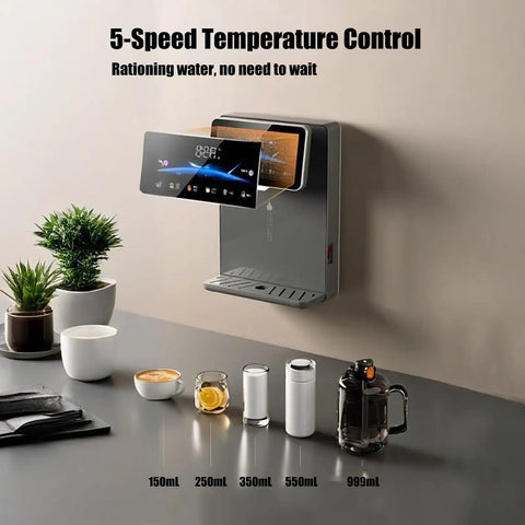 Wall Mounted Instant Hot Water Cooler For Office Or Home, countertop style, sleek white, set against a kitchen backdrop with cups and plants