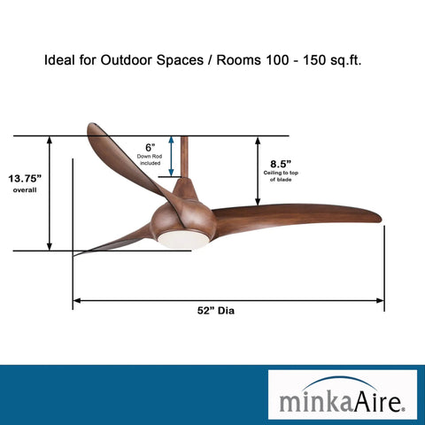 Light Wave 52 Inch Ceiling Fan With LED Light Kit In Distressed Koa Finish, dimensions and installation details shown