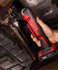 User gripping Top Shelf Cordless Right Angle Drill Compatible With M18 Battery Packs Sold As Zero Accessory Bare Tool in tight space.