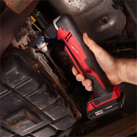 User gripping Top Shelf Cordless Right Angle Drill Compatible With M18 Battery Packs Sold As Zero Accessory Bare Tool in tight space.