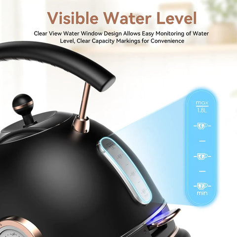 Retro Electric Kettle 1.8L Matte Black And Rose Gold Stainless Steel Body Fast 1500W Quiet Boil Temperature Gauge Auto Shut Off Boil Dry Protection For Tea Coffee And Hot Water with visible water level gauge