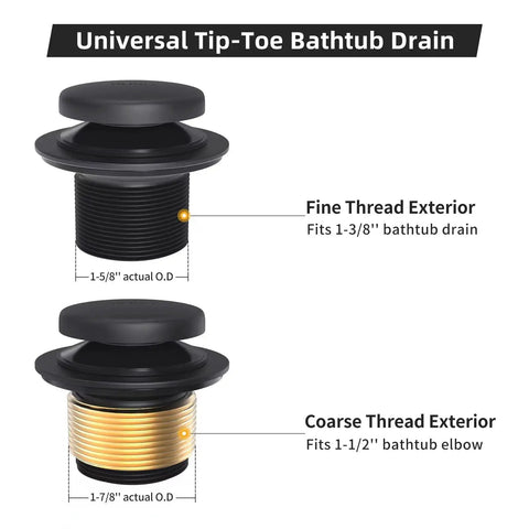 Universal All Metal Bath Tub Drain And Overflow Kit With Easy Install, Matte Black Tub Drain Replacement, fine and coarse thread detail