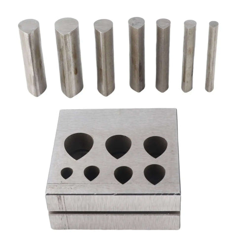 Punch Die Disc Cutter Set For DIY Jewelry Making with seven drop-shaped dies, flat bottom, 45 steel, top view of tool and dies.