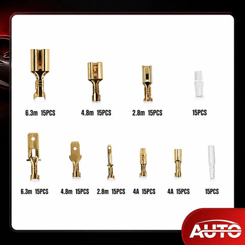 All In One Wire Spade Connector Crimp Terminal Kit With 120 Pcs Includes 2.8mm 4.8mm 6.3mm Spade Terminals 4.0mm Male And Female Crimp Connectors 30 Insulating Sleeves A Must Have For Auto And DIY Electronics. Brass crimp terminals set with 2.8mm, 4.8mm, 6.3mm and 4.0A sizes, 15 pcs each