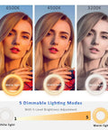 Three lighting modes of Clip On Ring Light For Video Calls And Live Streaming With Adjustable Color Temperature And Brightness Ideal For Remote Work Zoom Calls Distance Learning Self Broadcasting And Desktop Conferencing showing warm, neutral, and white light effects on a woman's face.
