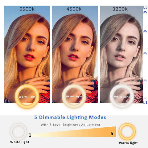 Three lighting modes of Clip On Ring Light For Video Calls And Live Streaming With Adjustable Color Temperature And Brightness Ideal For Remote Work Zoom Calls Distance Learning Self Broadcasting And Desktop Conferencing showing warm, neutral, and white light effects on a woman's face.