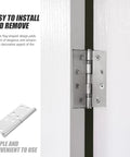 Close-up of Six Pairs Stainless Steel Flag Hinges with Lift Off Design for Home Doors mounted on white door.