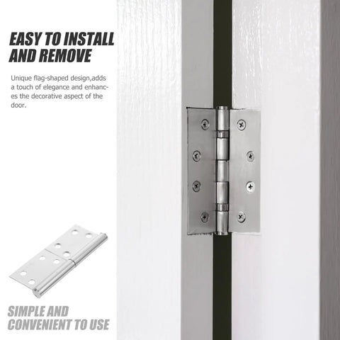 Close-up of flag shaped lift off hinges set 6 pairs stainless steel door hinges for home use easy install on white door