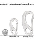 1.93 Inch Flag Clips For Rope And Marine Grade Stainless Steel Carabiners shown with a dime for size comparison
