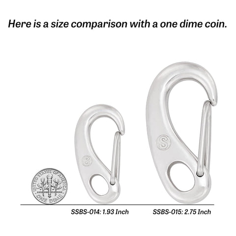 1.93 Inch Flag Clips For Rope And Marine Grade Stainless Steel Carabiners shown with a dime for size comparison