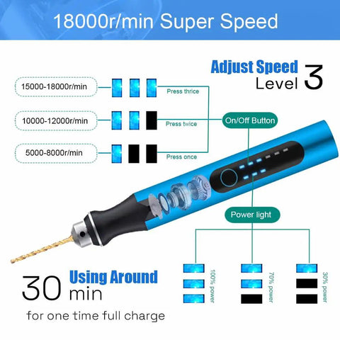 Illustration of 3 Speed Cordless Mini Drill Pen Kit with 10 Drill Bits Rechargeable Electric Hand Drill Pin Vise in Blue