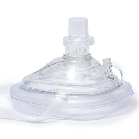 Pack of 5 Single Valve CPR Rescue Masks in Red Hard Case for Adult and Child, showing mask detail with elastic strap and valve.