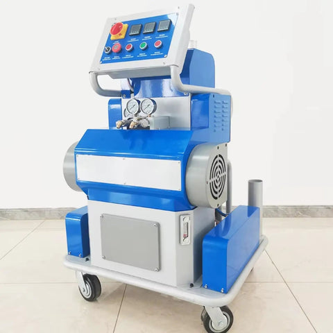 Pro Industrial Insulation Spray Foam Machine For Polyurea And Polyurethane, heavy duty blue foam sprayer with dual component mixers, wheeled base.