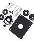 Top Shelf Router Lift System With Heavy Duty Aluminum Insert Plates And Precision Shaft Clamps For Rock Solid Workbench Setups And Daily Driver Woodworking Projects That Lock In Dead Nuts Accurate Depths Daily parts layout including aluminum plate and adjustable clamps.
