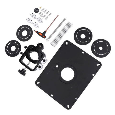 Pro Grade Durable Aluminum Router Lift For Woodworking Tables With Sweet Micro Adjustment Capabilities And Four Insert Rings For Dead Accurate Depth Control, parts layout with mount and four insert rings.