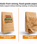 Comparison of custom kraft SOS bags with no handles, showing grease resistance and custom design printing.