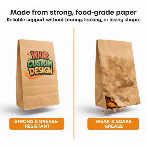 Comparison of custom kraft SOS bags with no handles, showing grease resistance and custom design printing.
