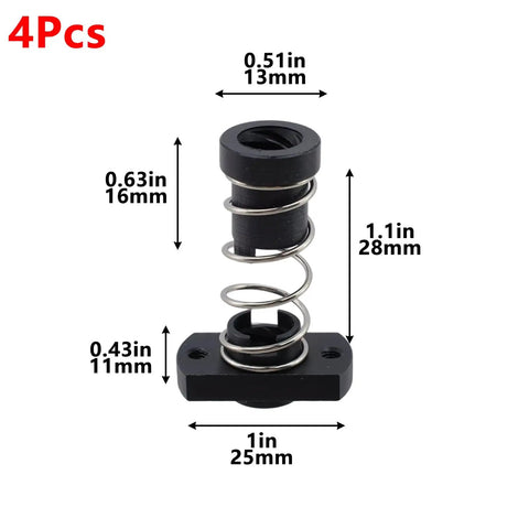 Heavy Duty TR8x8 Anti Backlash Nuts For 3D Printers And CNC Routers, Spring Loaded POM Design Kicks The Wobble Off 8mm Threads, Double Cut Pro Grade 4 Pack, featuring dimensions and spring mechanism.