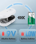 3 Pack Water Leak Sensor Alarm Kit with 95dB Audible Alert, open casing showing battery slot, with 9V battery illustration