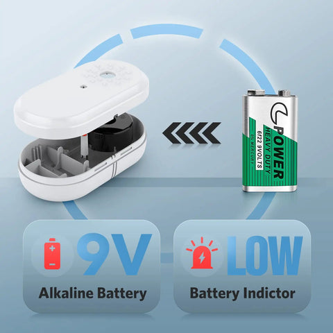 3 Pack Water Leak Sensor Alarm Kit with 95dB Audible Alert, open casing showing battery slot, with 9V battery illustration