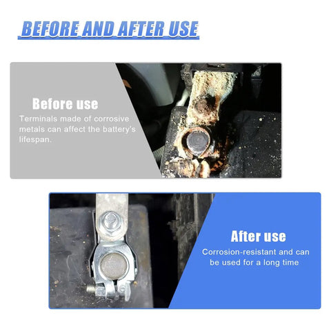 Before and after images of Heavy Top Post Battery Terminal Connector Adapter showing corrosion-proof galvanized steel, for reliable power transfer.
