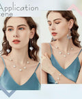 Model wearing pearl necklace and dangling earrings with heart and butterfly charms, illustrating earring accessories.