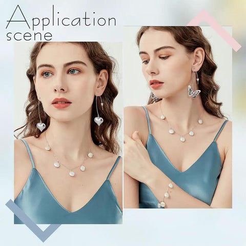 Model wearing pearl necklace and dangling earrings with heart and butterfly charms, illustrating earring accessories.