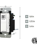 Smooth Operator Smart Dimmer Light Switch With Wi Fi And Matter Protocol showing dimensions 1.8x1.72x1.4 inches, sleek white finish.