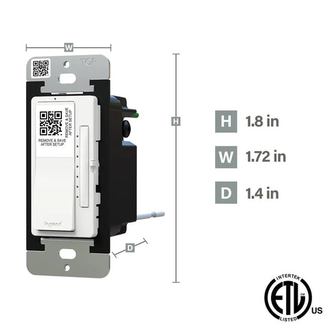 Smooth Operator Smart Dimmer Light Switch With Wi Fi And Matter Protocol showing dimensions 1.8x1.72x1.4 inches, sleek white finish.