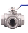 3-Way Ball Valve With T Mounting Pad Stainless Steel 304 Female NPT Ports For Water Oil And Gas With Vinyl Locking Handle One And Quarter Inch NPT Built Tough For Wide Temperature Range -20F To 410F, front view
