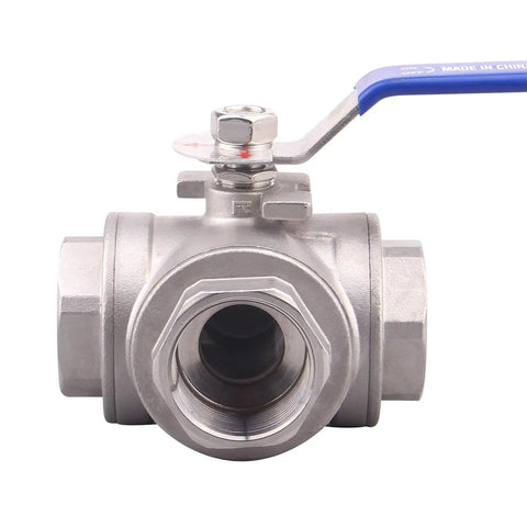 3-Way Ball Valve With T Mounting Pad Stainless Steel 304 Female NPT Ports For Water Oil And Gas With Vinyl Locking Handle One And Quarter Inch NPT Built Tough For Wide Temperature Range -20F To 410F, front view