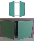 No Sweat Bifold Magnetic Access Panel Door For Drywall With Pre Drilled Mounting Fits Like A Glove For Plumbing And Wiring showing open service door installation.