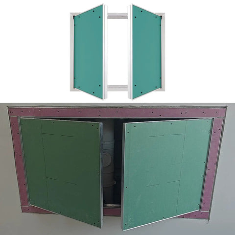 No Sweat Bifold Magnetic Access Panel Door For Drywall With Pre Drilled Mounting Fits Like A Glove For Plumbing And Wiring showing open service door installation.