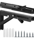 These Badass Heavy Duty Folding Shelf Brackets Bring Serious Strength As A 10 Inch Floating Triangle Wall Mount Hinge Setup with screws and wall plugs.