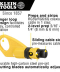 Coax Installation Kit With Crimp Tool, Cable Cutter, Stripper And F Connectors tool showing sliding cable stop and finger loop design.