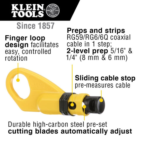 Coax Installation Kit With Crimp Tool, Cable Cutter, Stripper And F Connectors tool showing sliding cable stop and finger loop design.