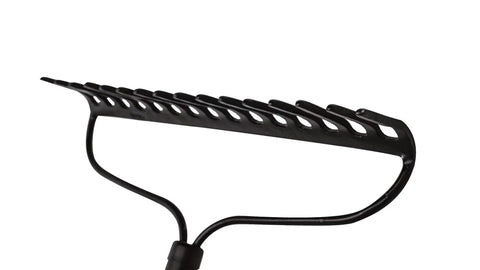 Close-up of Powerful Workhorse Metal Bow Rake with heavy duty steel head, showing tines and ergonomic design for gardening and landscaping.