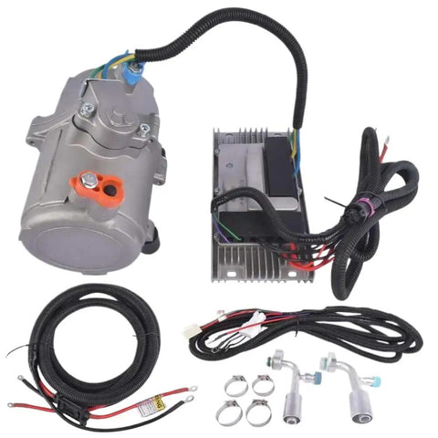 12V Electric AC Scroll Compressor Close Kit For Universal Car And Truck Air Conditioning featuring compressor, wiring harness, and fittings.