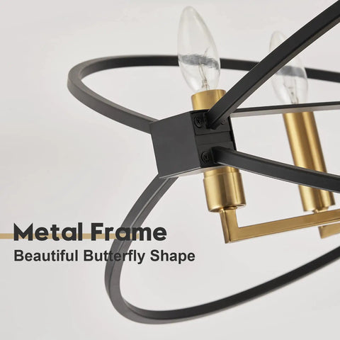 Close-up of Black and Gold Industrial Ceiling Light Fixture with Four Light Candle Chandelier showing metal frame details.