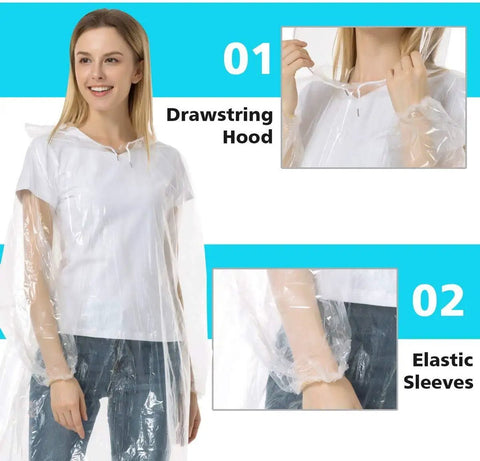 Grab And Go Clear Disposable Rain Ponchos For Adults With Hood 10 Pack Family Emergency Ponchos and elastic sleeves shown