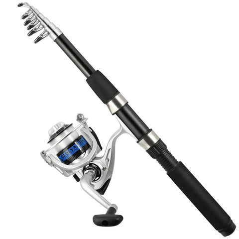 Image of a 6.9ft Telescopic Fishing Pole And Reel Kit 2 Rods 2 Reels With Line Pliers Lip Gripper Lures And Hooks Carrier Bag All In One Bass Fishing Kit