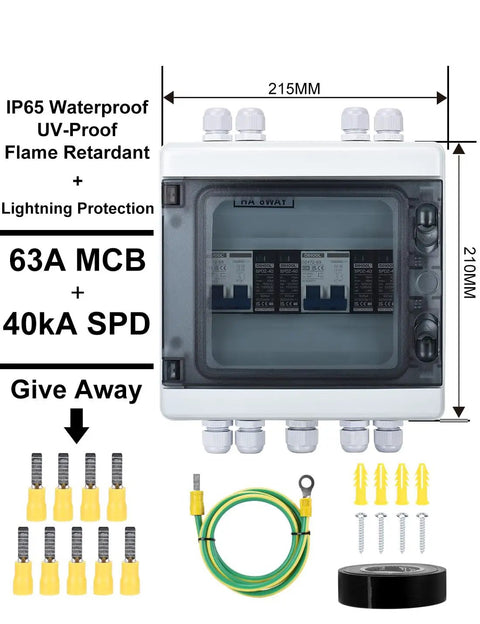 Hella Durable Rock Solid Dc Disconnect Switch Box With Pv Surge Protector 63 Amp Solar Circuit Breaker IP65 Waterproof PC Case showing circuit setup, connectors, and screws.