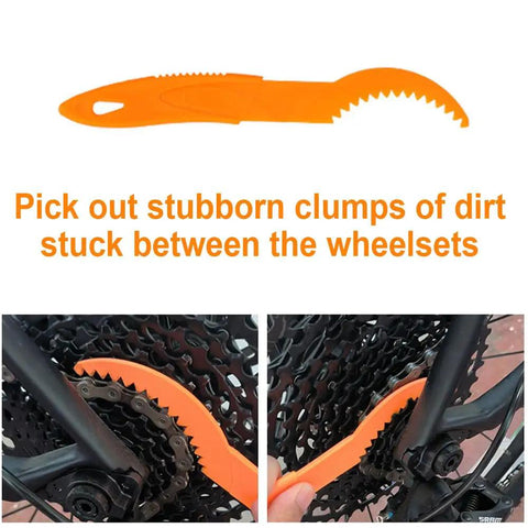All In One Bike Cleaning Kit With Chain Cleaner And Five Piece Tool Set featuring orange sprocket scraper in use on bike gear