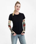Fresh Retro Garage Mechanic Arm Sleeves With Thumb Holes UPF Sun Block super lightweight cooling wrap worn by a woman.