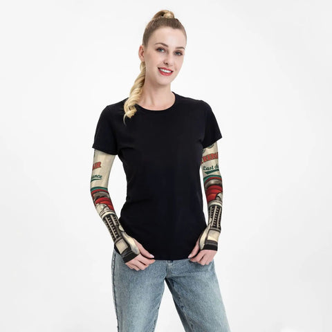 Fresh Retro Garage Mechanic Arm Sleeves With Thumb Holes UPF Sun Block super lightweight cooling wrap worn by a woman.