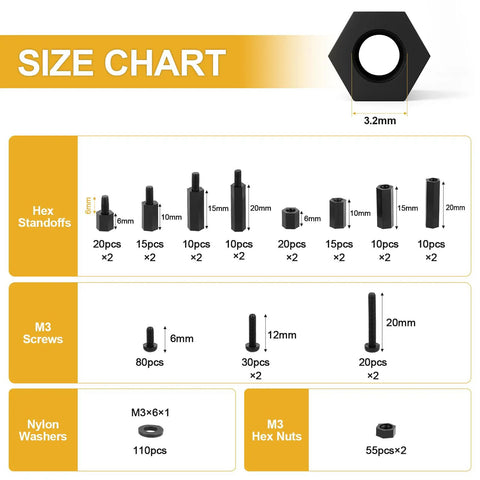 Size chart showcasing Heavy Duty 620 Piece M3 Hex Standoff And Nylon Screw Assortment Kit with various sizes.