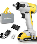 Cordless Brushless Impact Wrench Half Inch Drive With 300 Nm Max Torque 3000 IPM Two Speed 0 To 1000 RPM And 0 To 2200 RPM 20V Battery Fast Charger 4 Sockets Tool Bag And Belt Clip displayed with accessories.