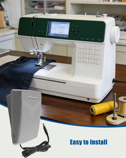 High Sensitivity Foot Pedal For Home Sewing Machines Smooth Start Stop Precise Speed Control Easy Pressure Sensing Durable Build Fits Most Models Great For Quilting And Crafting Stable Reliable Performance, gray electronic foot pedal with cord beside sewing machine