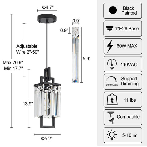 Diagram of Modern Black Pendant Light Fixture For Kitchen Island And Dining Area With Crystal Shade Industrial Glam Hanging Chandelier measurements and features.