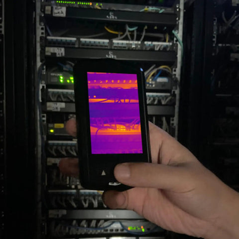 Pocket Thermal Camera With 160x120 Infrared Resolution showing thermal image of server rack, metal build, ultra portable design